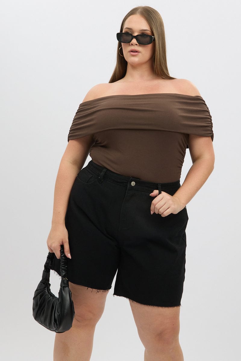 Brown Off Shoulder Top Side Ruched