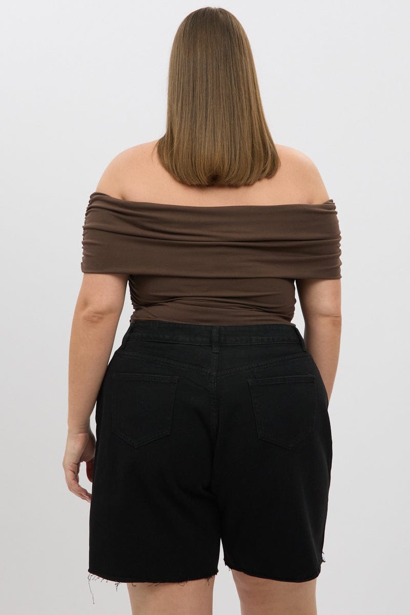 Brown Off Shoulder Top Side Ruched