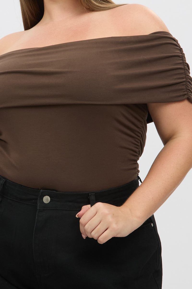 Brown Off Shoulder Top Side Ruched
