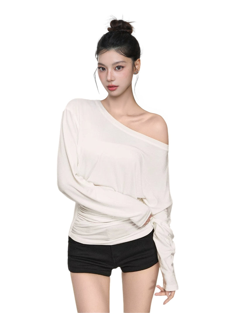 Asymmetric Off Shoulder Ruched Long Sleeve Top