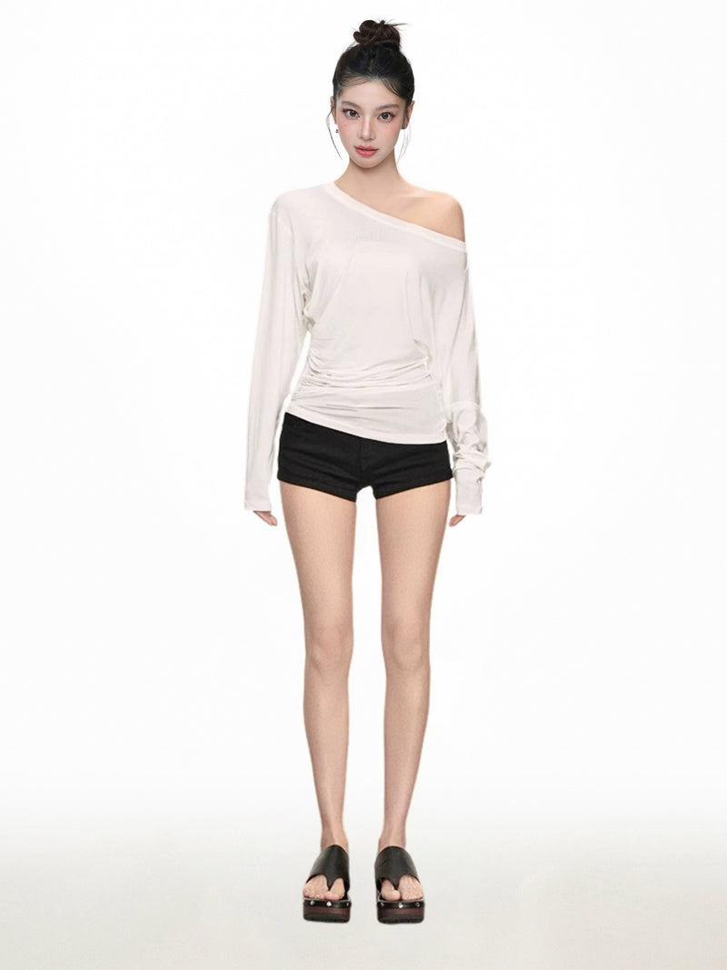 Asymmetric Off Shoulder Ruched Long Sleeve Top