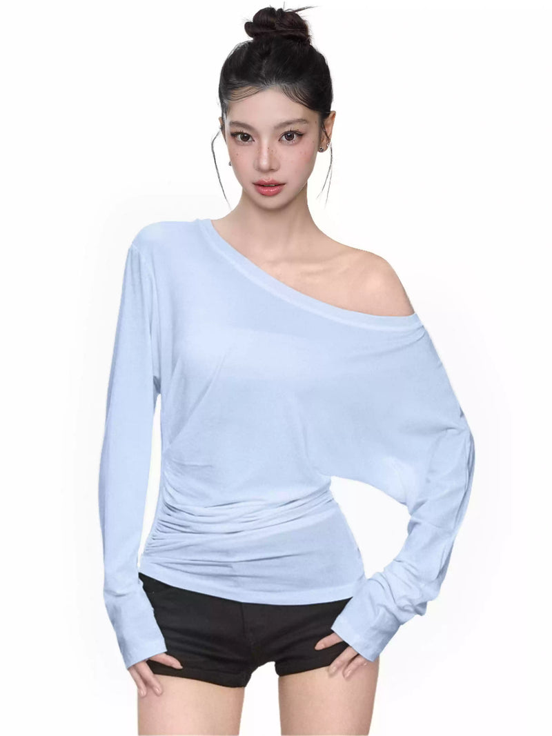 Asymmetric Off Shoulder Ruched Long Sleeve Top