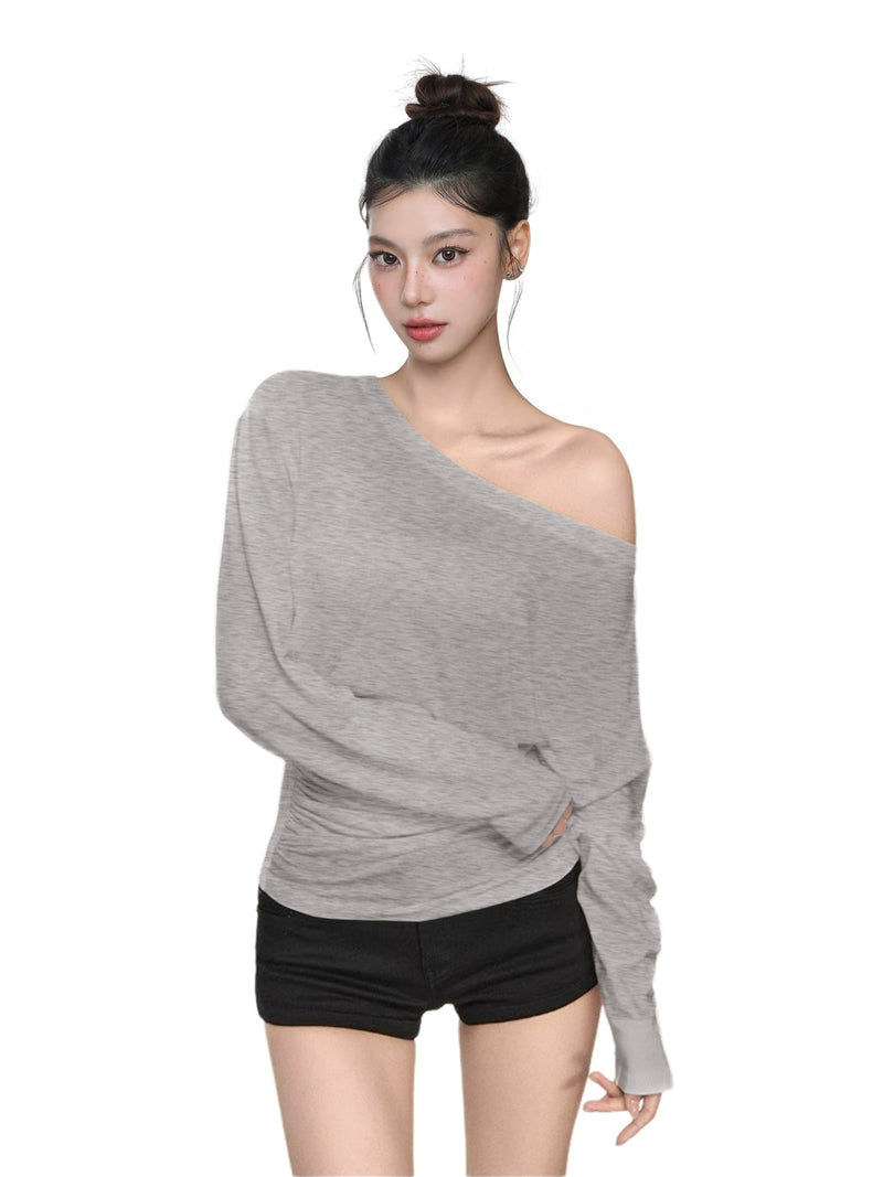 Asymmetric Off Shoulder Ruched Long Sleeve Top