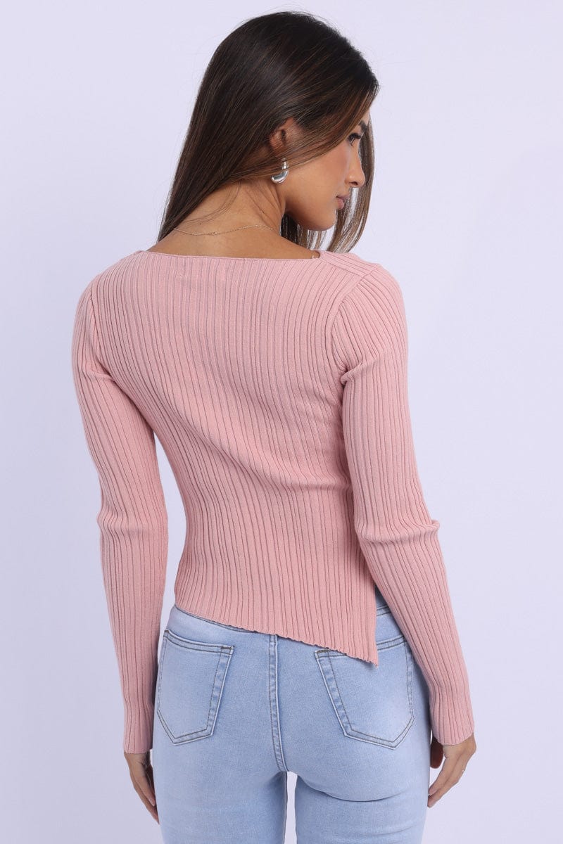 Pink Knit Top Long Sleeve Cut Out