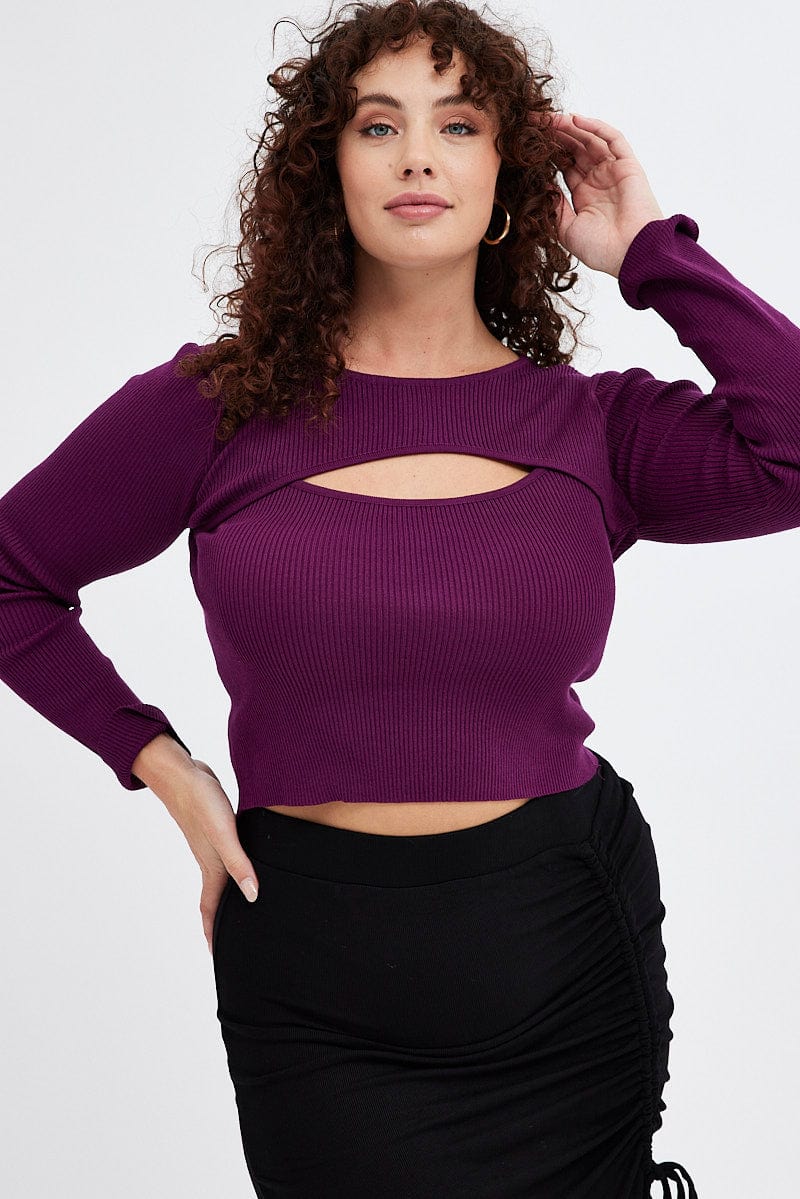 Purple Knit Top Cut Out Long Sleeve