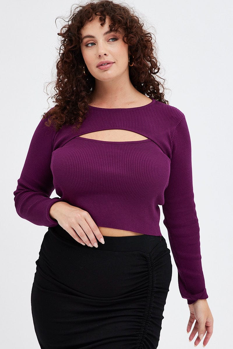 Purple Knit Top Cut Out Long Sleeve