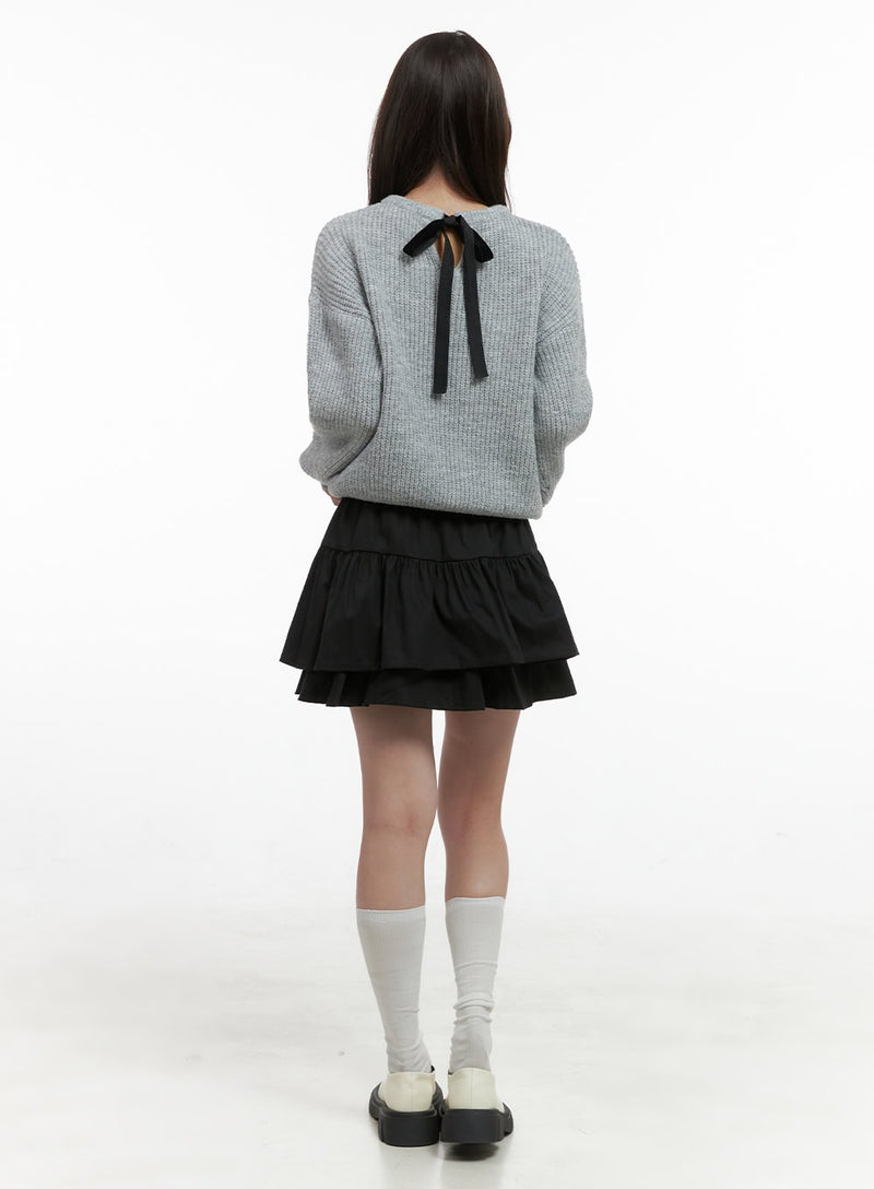 Cut Out Ribbon Trim Long Sleeve Top OS416