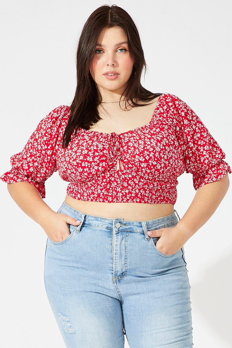Red Ditsy Crop Top Short Sleeve Cut Out