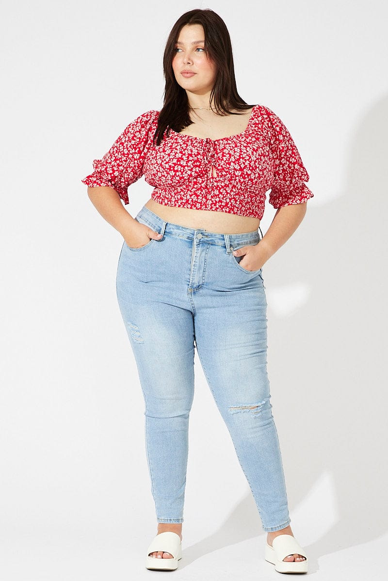 Red Ditsy Crop Top Short Sleeve Cut Out