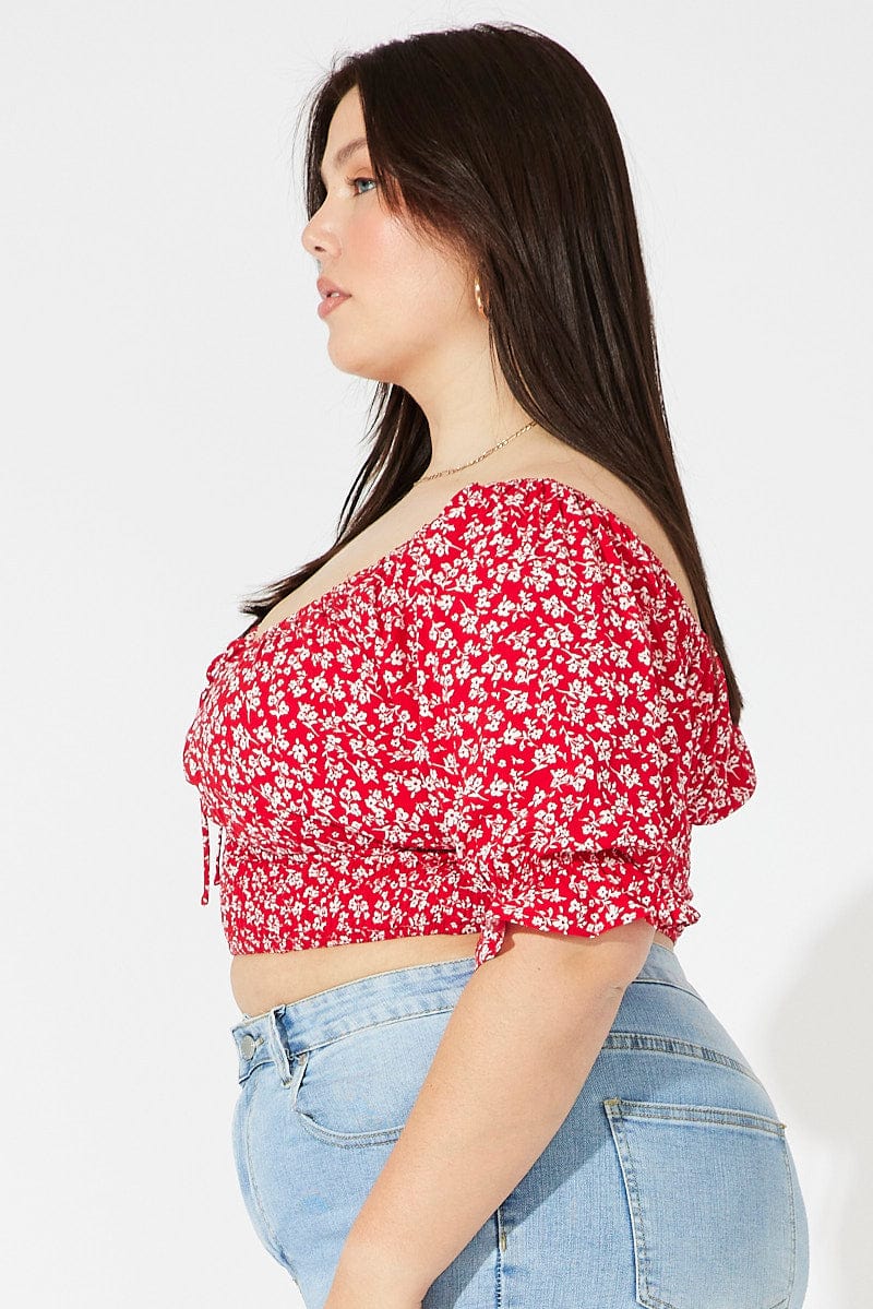 Red Ditsy Crop Top Short Sleeve Cut Out