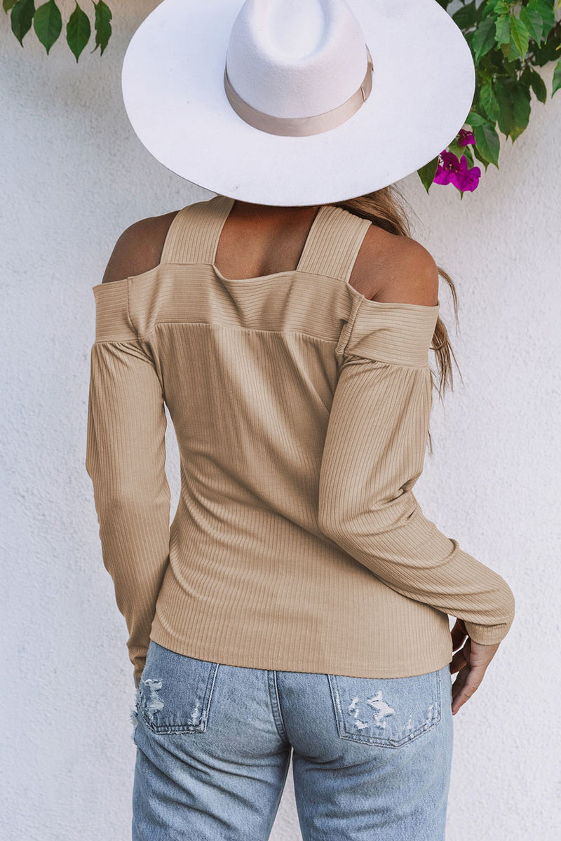 Apricot Cut Out Criss Cross Cold Shoulder Ribbed Top