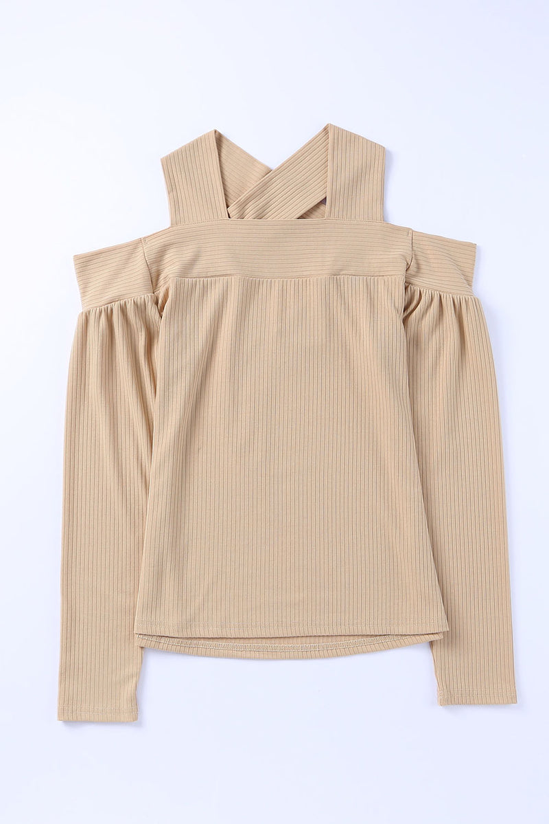 Apricot Cut Out Criss Cross Cold Shoulder Ribbed Top