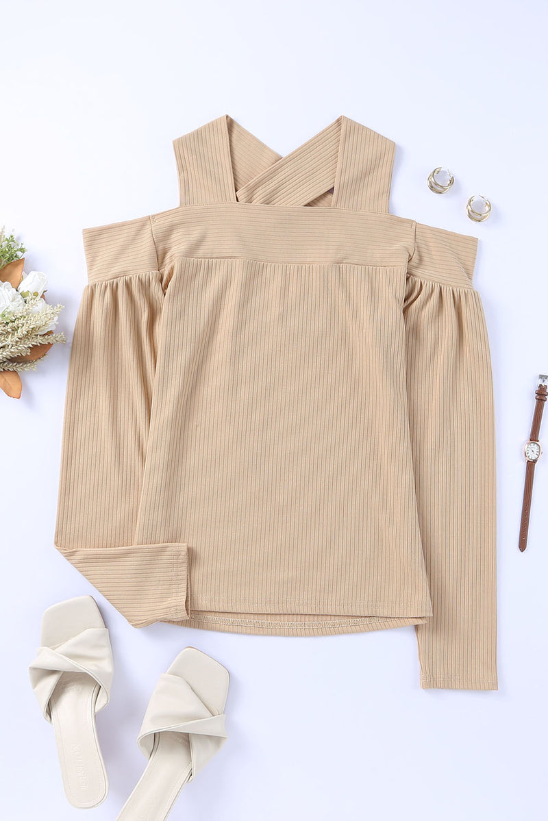 Apricot Cut Out Criss Cross Cold Shoulder Ribbed Top