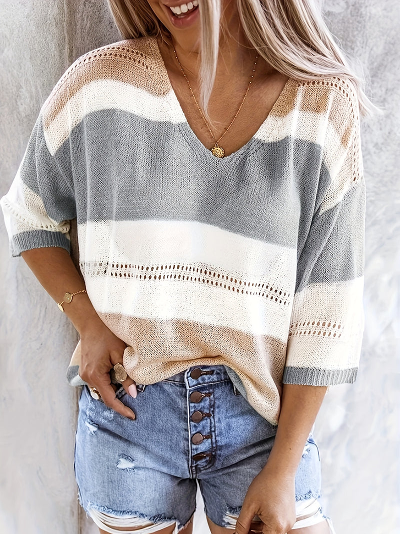 Women'S Casual Striped V-Neck Knit Top with Cut-Out Detail - Lightweight, Breathable, Perfect for Spring/Summer, Casual Attire|Striped Top|Vneck Top