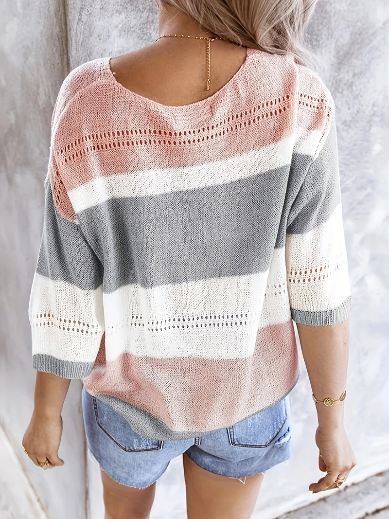 Women'S Casual Striped V-Neck Knit Top with Cut-Out Detail - Lightweight, Breathable, Perfect for Spring/Summer, Casual Attire|Striped Top|Vneck Top