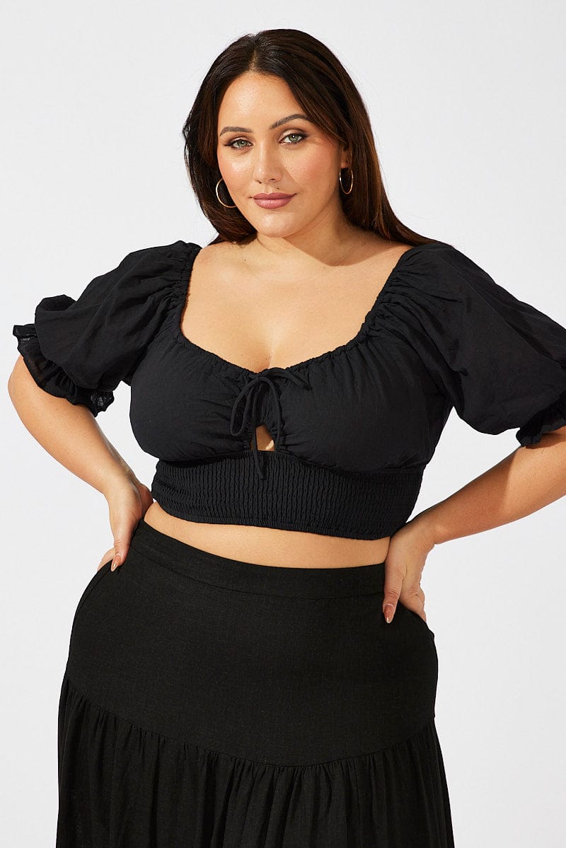 Black Crop Top Short Sleeve Cut Out Shirred