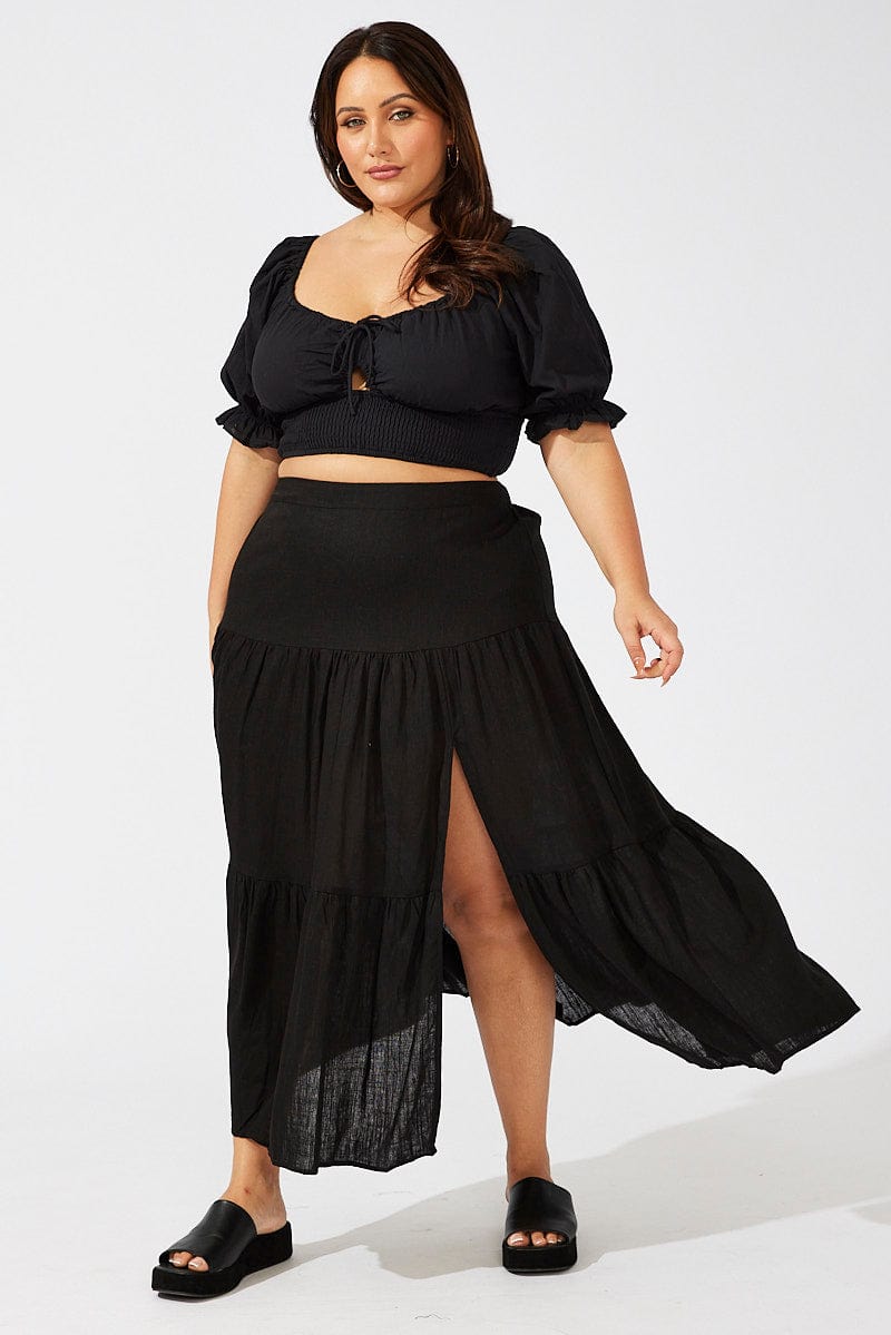 Black Crop Top Short Sleeve Cut Out Shirred