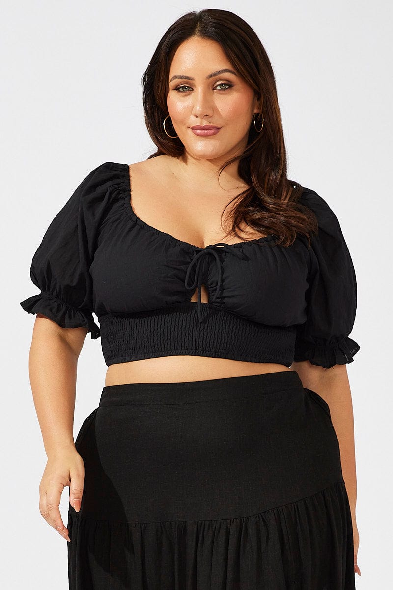 Black Crop Top Short Sleeve Cut Out Shirred