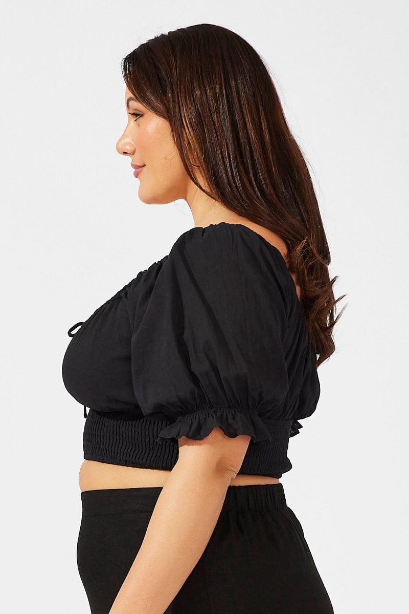 Black Crop Top Short Sleeve Cut Out Shirred