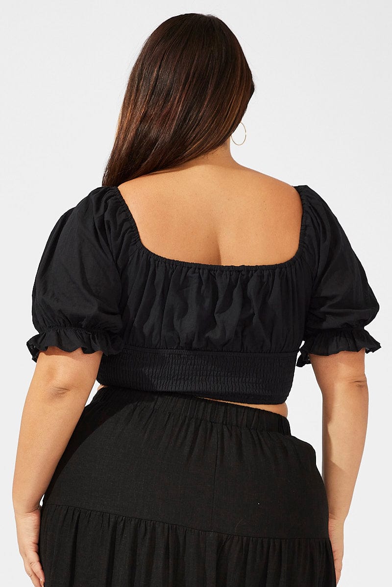 Black Crop Top Short Sleeve Cut Out Shirred