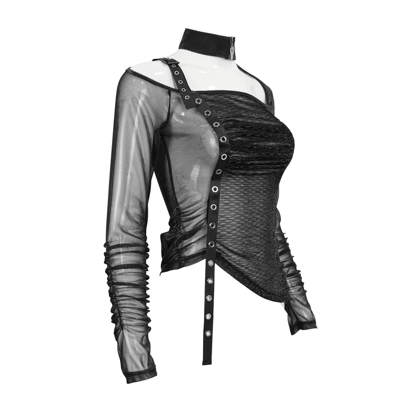 Sexy Gothic Cut Out Transparent Top / Fashion Black Top with Eyelet Webbing on One Shoulder