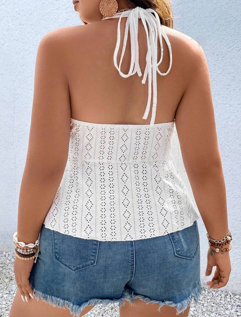 Eyelet Embroidery Tie Backless Halter Top