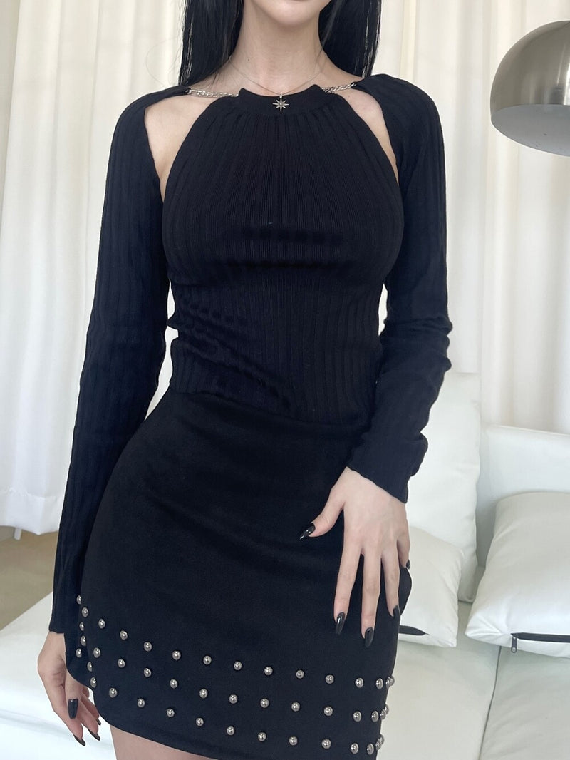 チェーンスリットバックレスT/761. Chain slit backless T (2color)