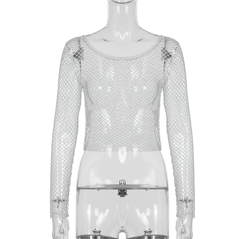 Sexy Women's Long Sleeve Crop Top / Female Rock Style Mesh Top / Women's Backless Crop Top