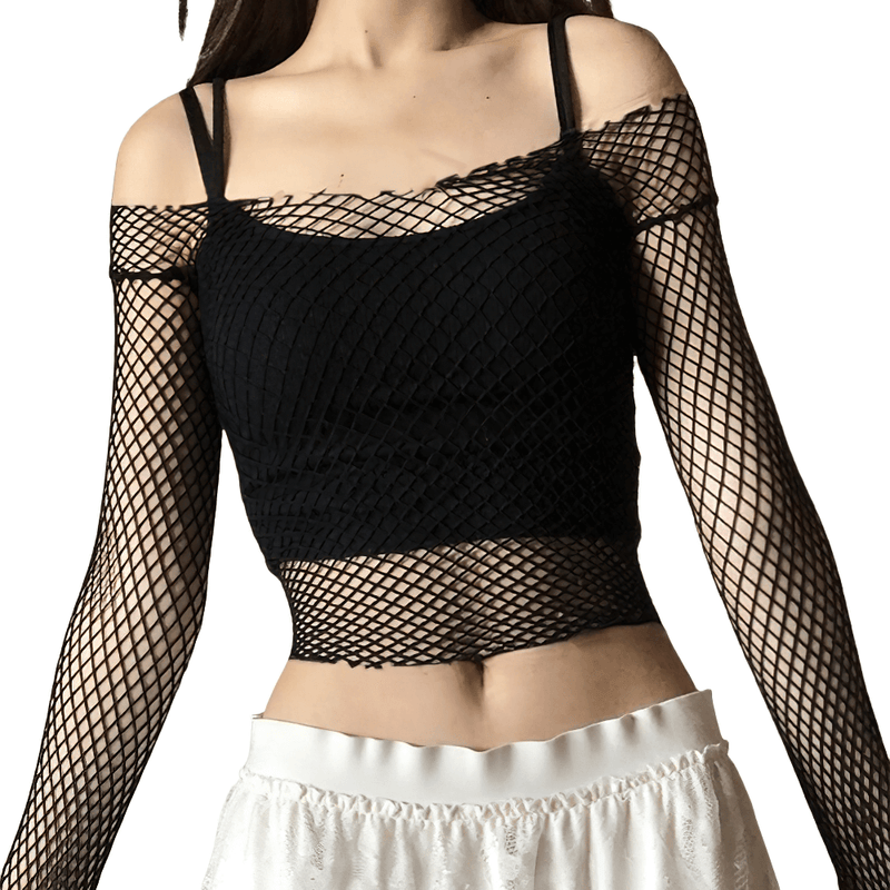 Sexy Women's Long Sleeve Crop Top / Female Rock Style Mesh Top / Women's Backless Crop Top