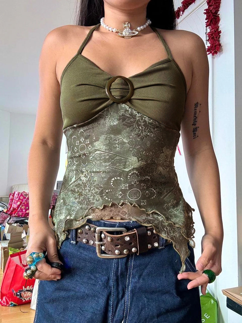the BOHO CAMIS - Women's Retro Forest Green Vintage Print Boho Camisole Backless Halter Tie Asymmetrical Tops
