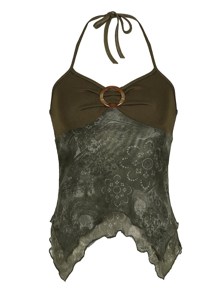 the BOHO CAMIS - Women's Retro Forest Green Vintage Print Boho Camisole Backless Halter Tie Asymmetrical Tops