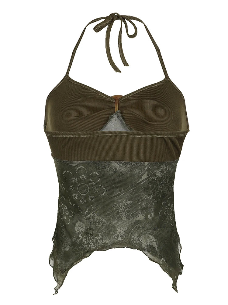 the BOHO CAMIS - Women's Retro Forest Green Vintage Print Boho Camisole Backless Halter Tie Asymmetrical Tops