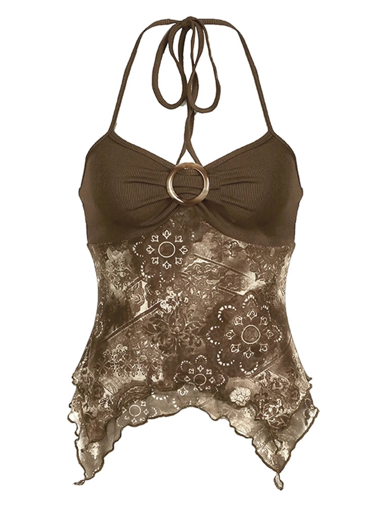 the BOHO CAMIS - Women's Retro Forest Green Vintage Print Boho Camisole Backless Halter Tie Asymmetrical Tops