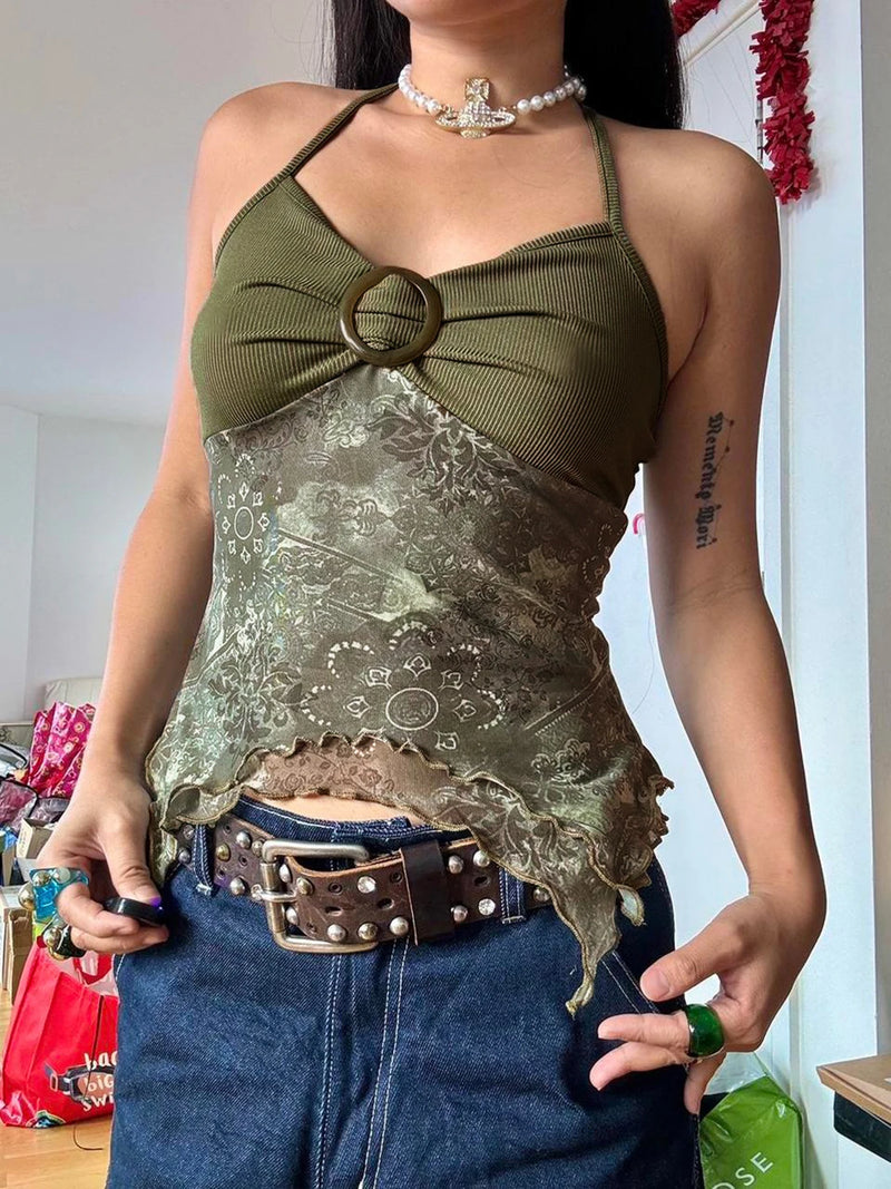 the BOHO CAMIS - Women's Retro Forest Green Vintage Print Boho Camisole Backless Halter Tie Asymmetrical Tops