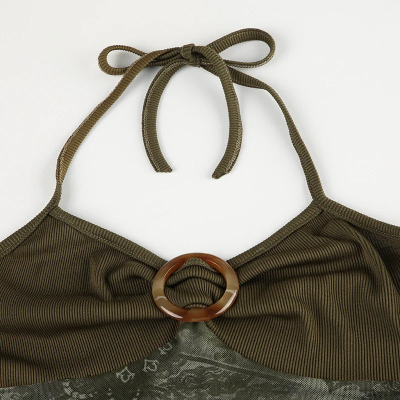 the BOHO CAMIS - Women's Retro Forest Green Vintage Print Boho Camisole Backless Halter Tie Asymmetrical Tops