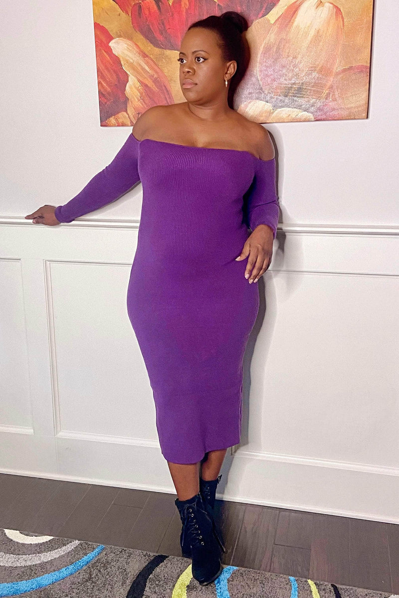 Forever Me Off-the-Shoulder Knit Bodycon Midi Dress (Eggplant)- Final Sale