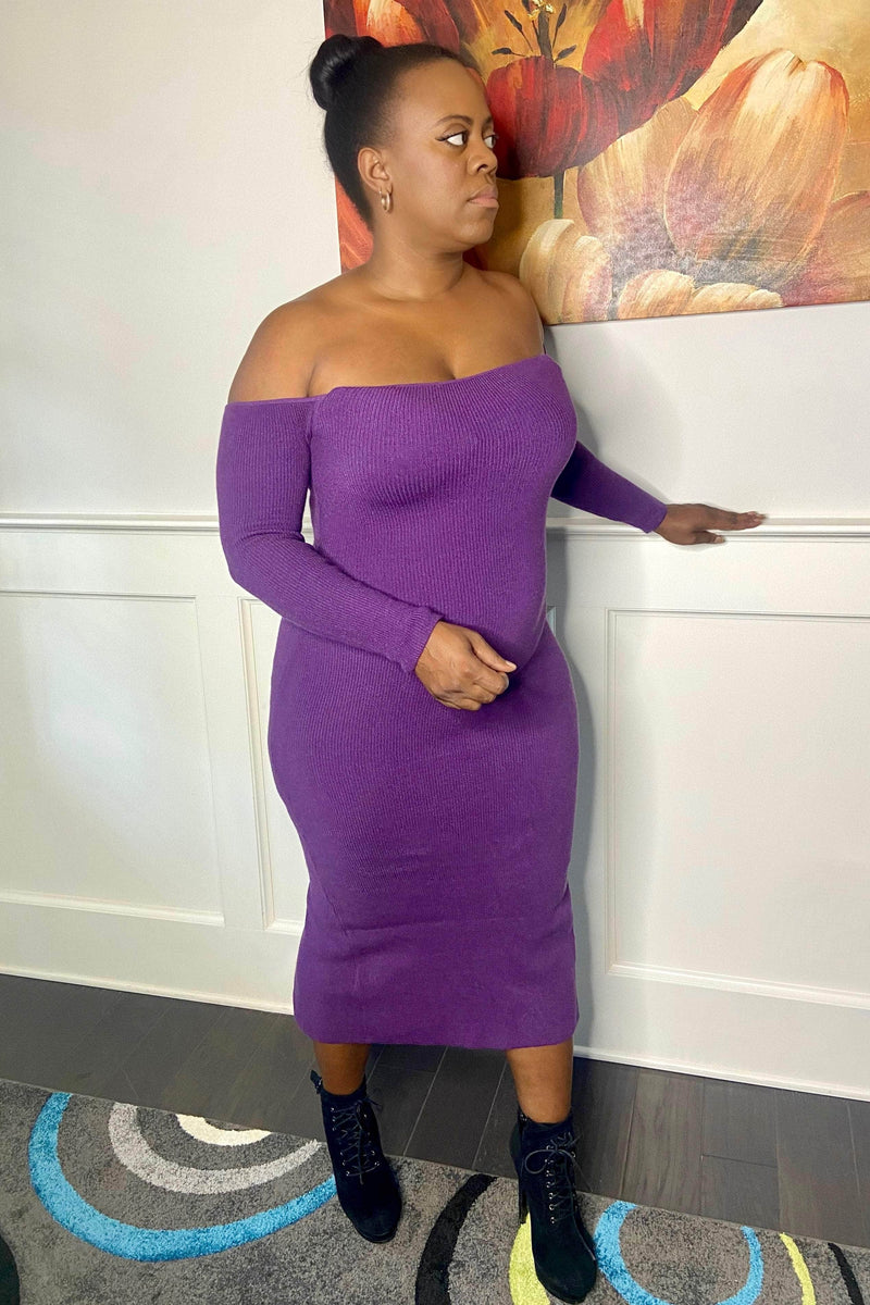 Forever Me Off-the-Shoulder Knit Bodycon Midi Dress (Eggplant)- Final Sale