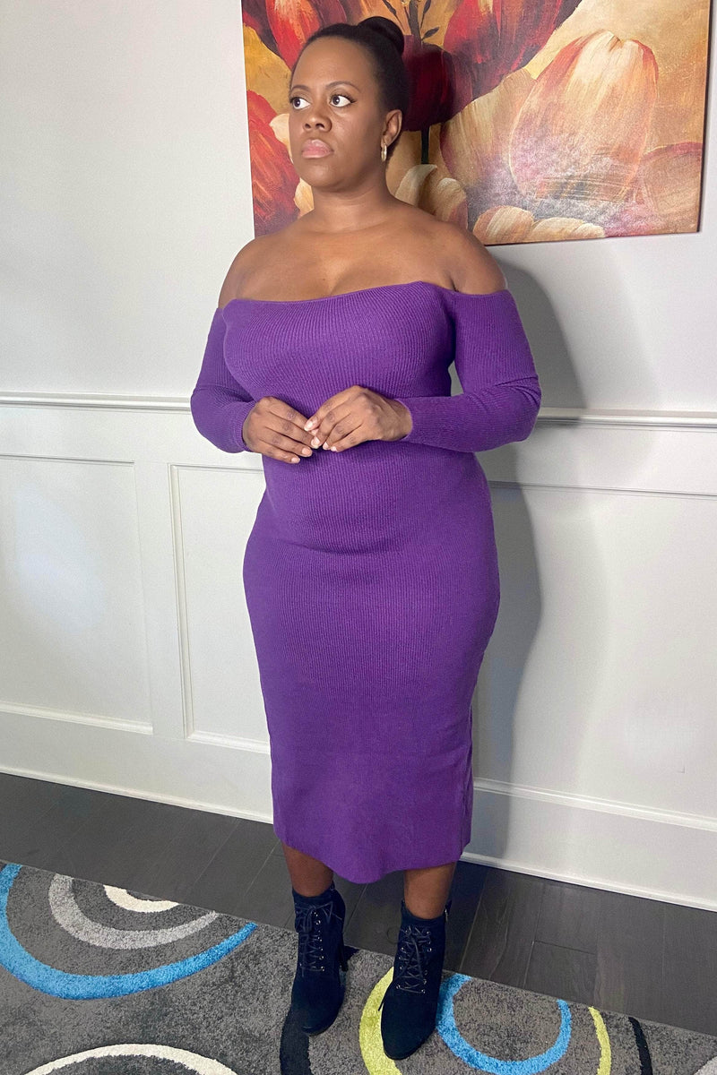 Forever Me Off-the-Shoulder Knit Bodycon Midi Dress (Eggplant)- Final Sale