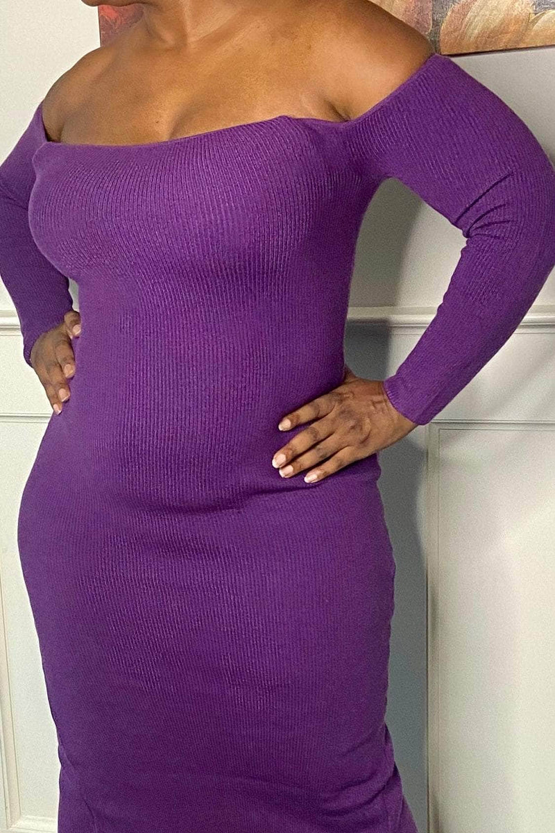 Forever Me Off-the-Shoulder Knit Bodycon Midi Dress (Eggplant)- Final Sale