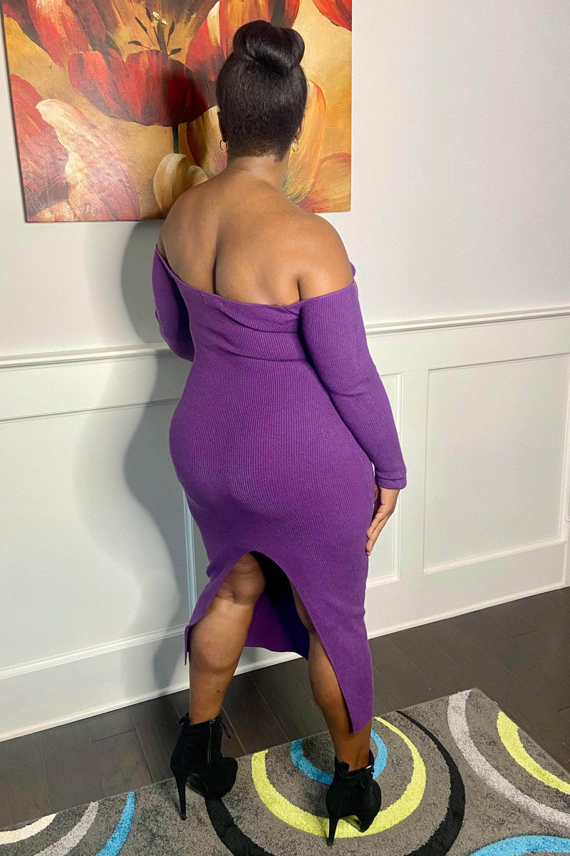Forever Me Off-the-Shoulder Knit Bodycon Midi Dress (Eggplant)- Final Sale