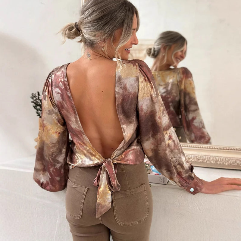 Floral Print Round Neck Backless Shirt