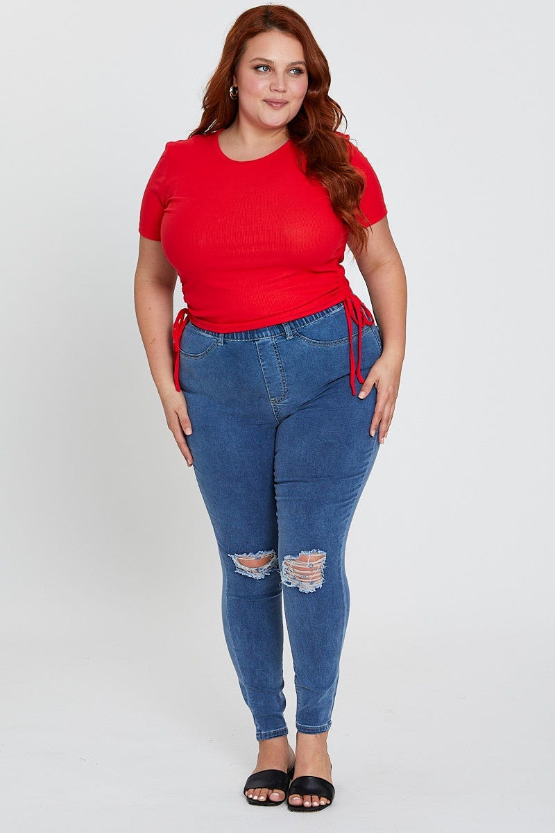 Red Short Sleeve Green Jersey Drawstring Side Top
