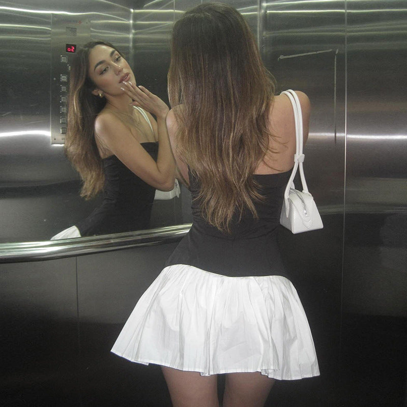 Women's Fashion Color Contrast Sexy Backless Slim Fit Tube Top Pleated Dress