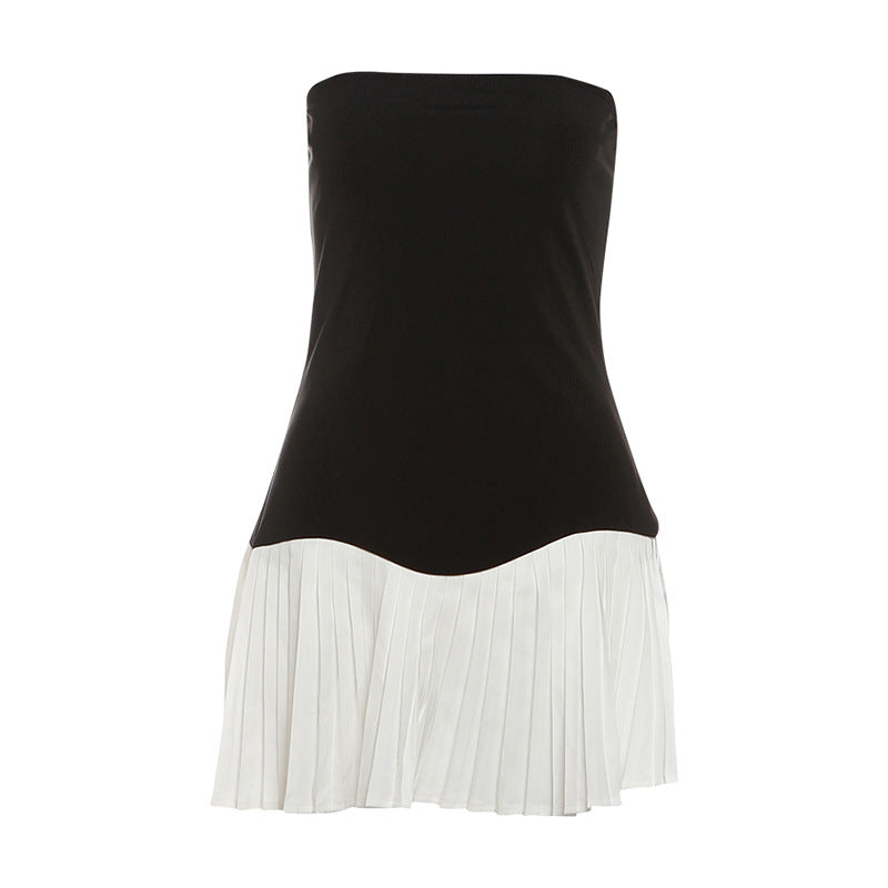 Women's Fashion Color Contrast Sexy Backless Slim Fit Tube Top Pleated Dress