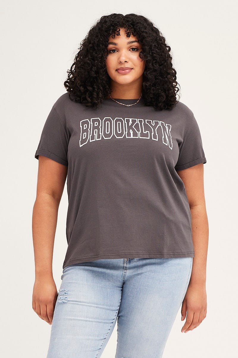 Grey Short Cuff Sleeve Graphic Regular T-shirt