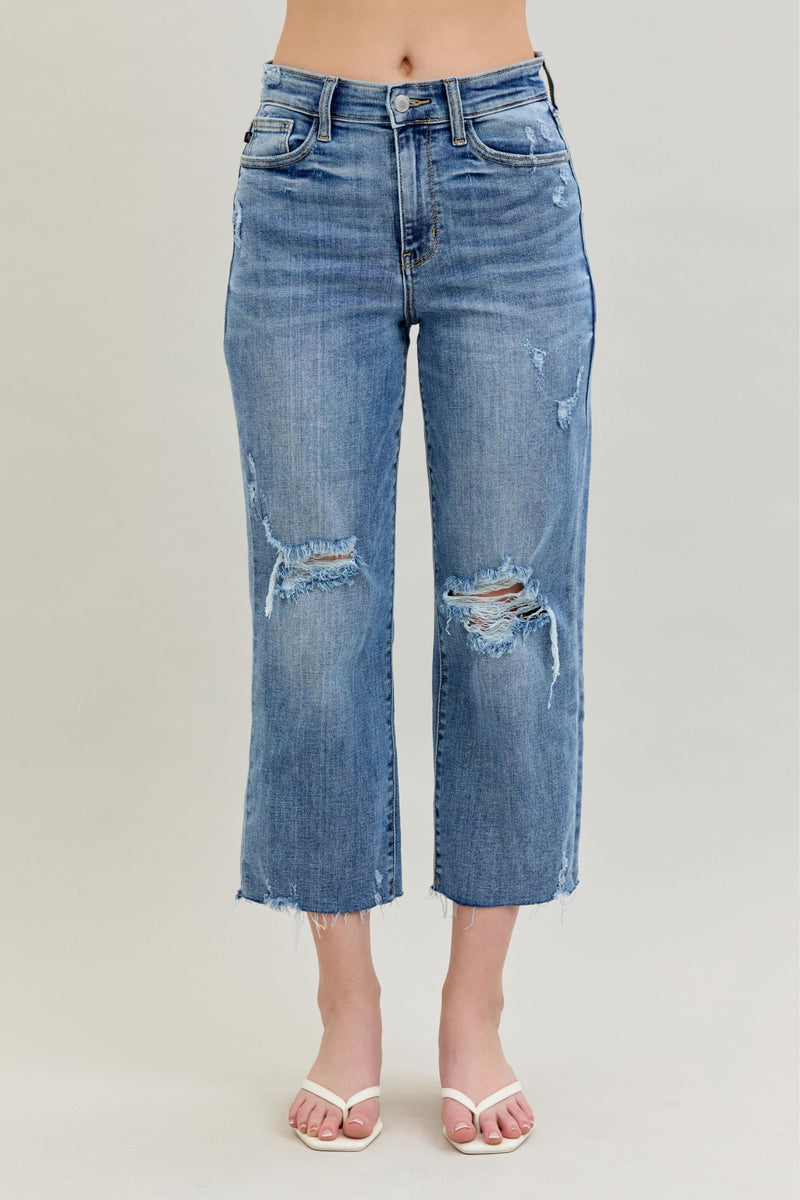 Judy Blue High Waist Destroy Wide Leg Crop Denim Jeans 82256