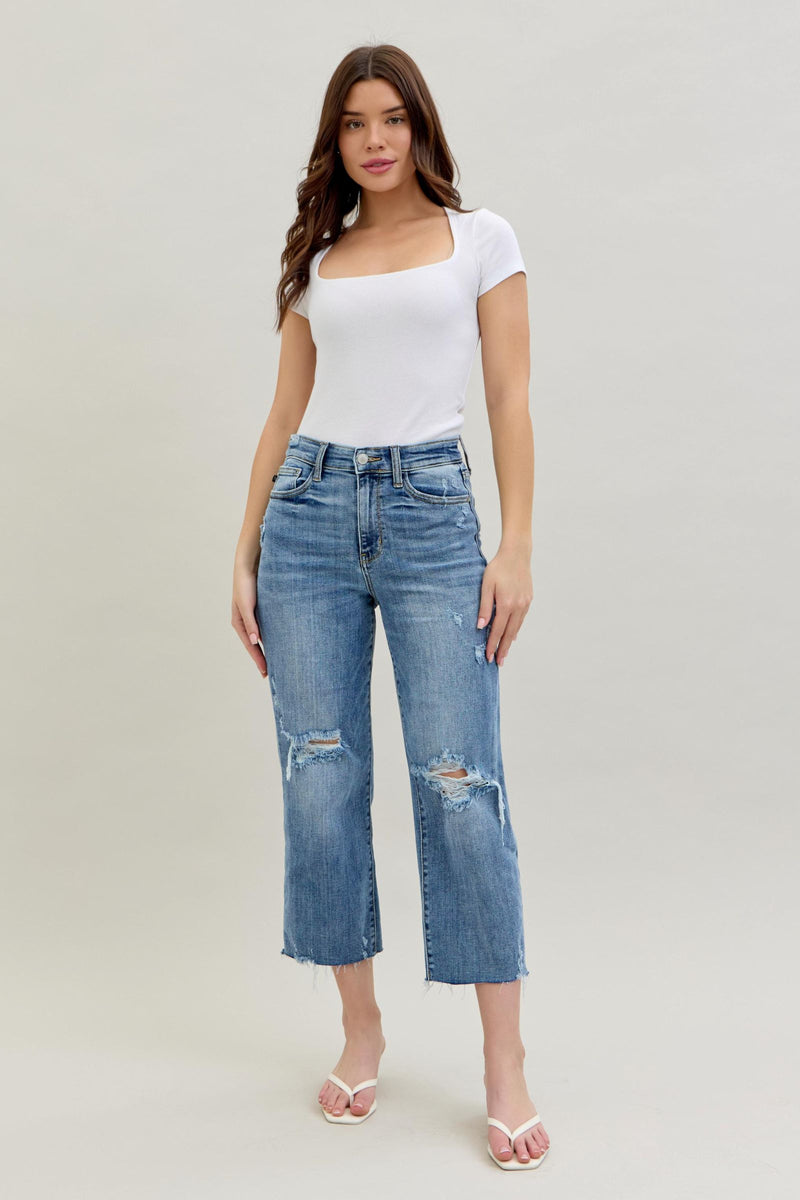 Judy Blue High Waist Destroy Wide Leg Crop Denim Jeans 82256