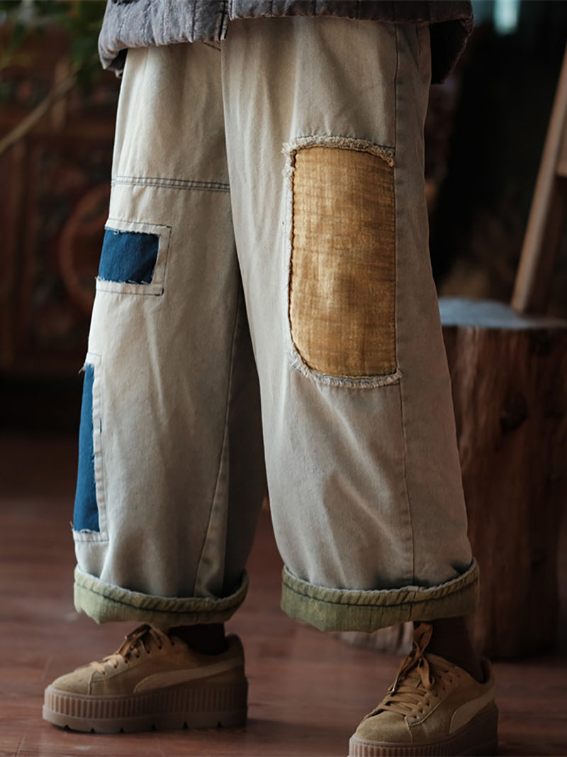 Women Vintage Patch Spliced Denim Harem Pants