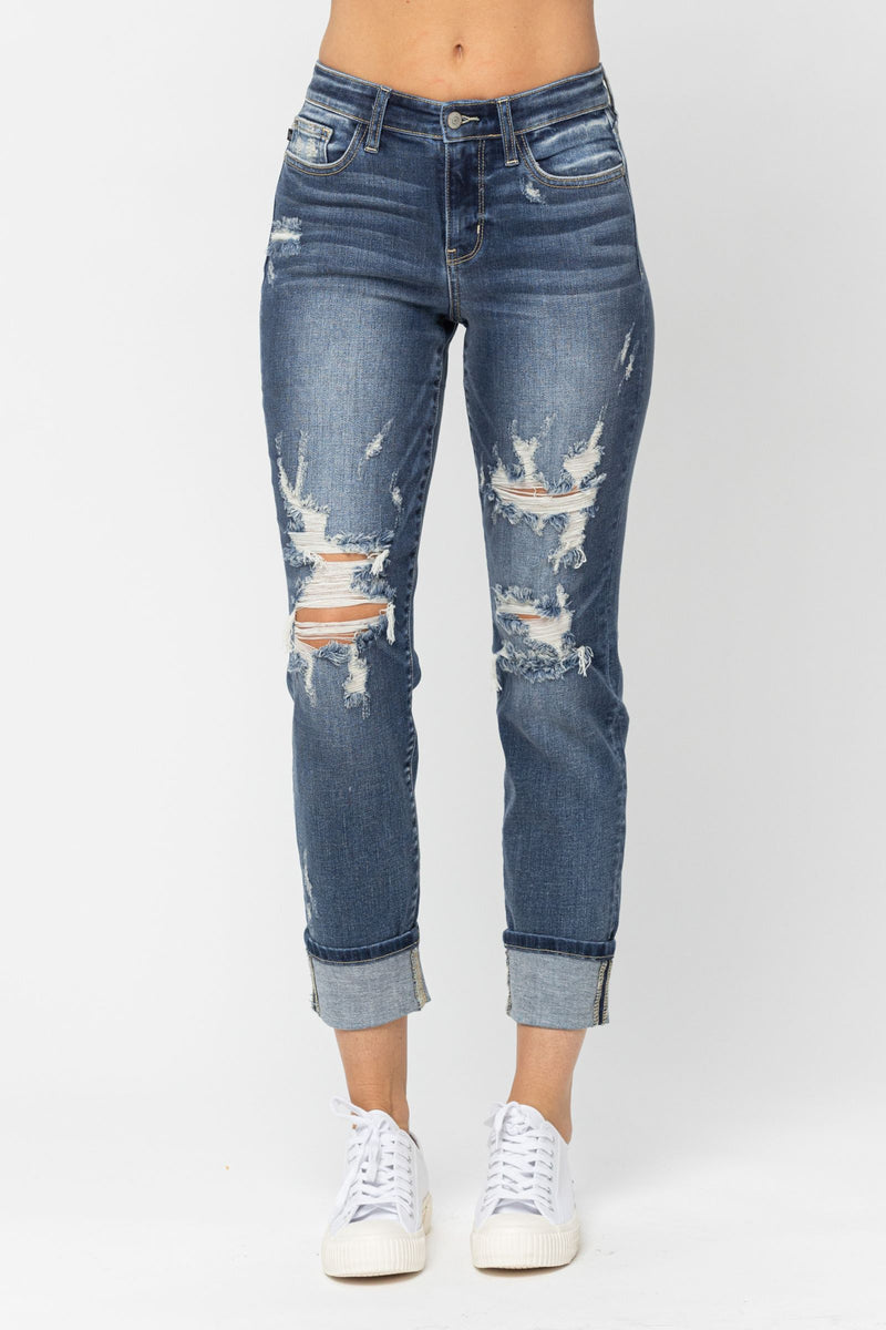 Judy Blue Mid-Rise Cuffed Destroyed Boyfriend Denim Jeans 82427