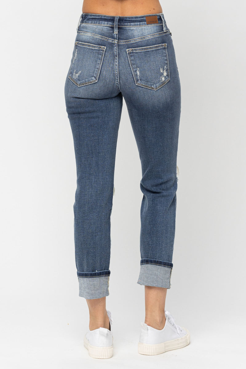 Judy Blue Mid-Rise Cuffed Destroyed Boyfriend Denim Jeans 82427
